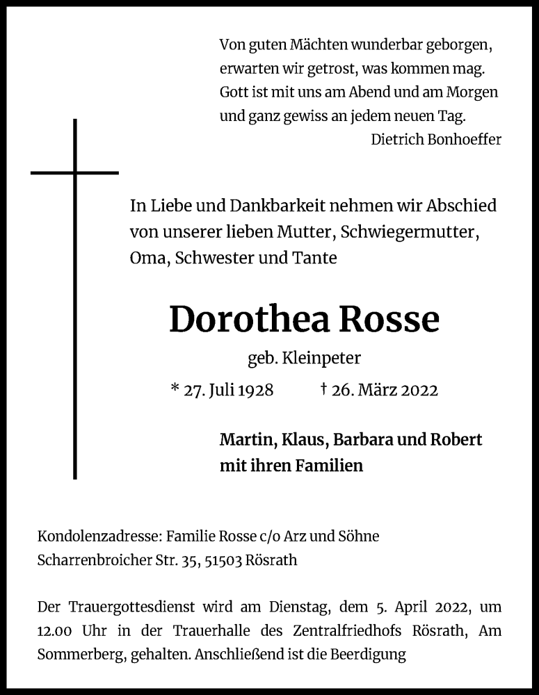  Traueranzeige für Dorothea Rosse vom 02.04.2022 aus Kölner Stadt-Anzeiger / Kölnische Rundschau / Express