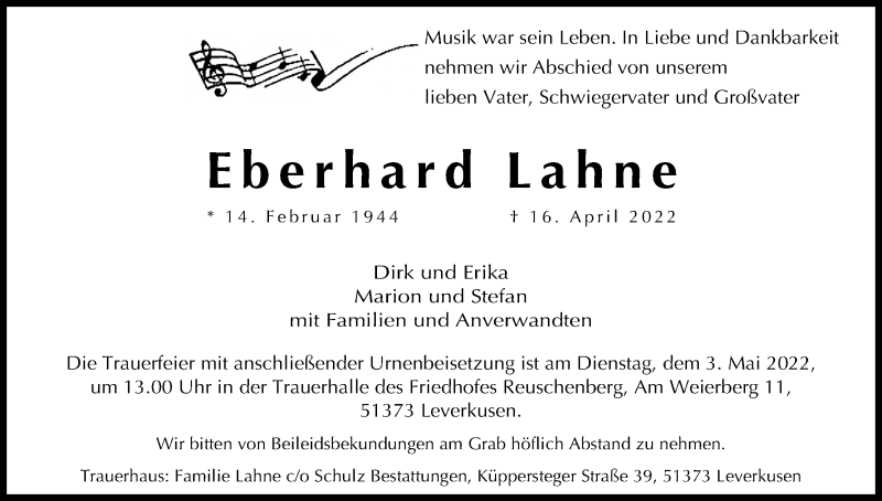  Traueranzeige für Eberhard Lahne vom 30.04.2022 aus Kölner Stadt-Anzeiger / Kölnische Rundschau / Express