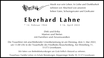 Anzeige von Eberhard Lahne von Kölner Stadt-Anzeiger / Kölnische Rundschau / Express