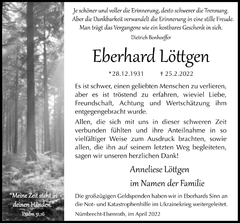  Traueranzeige für Eberhard Lötgen vom 14.04.2022 aus  Lokalanzeiger 
