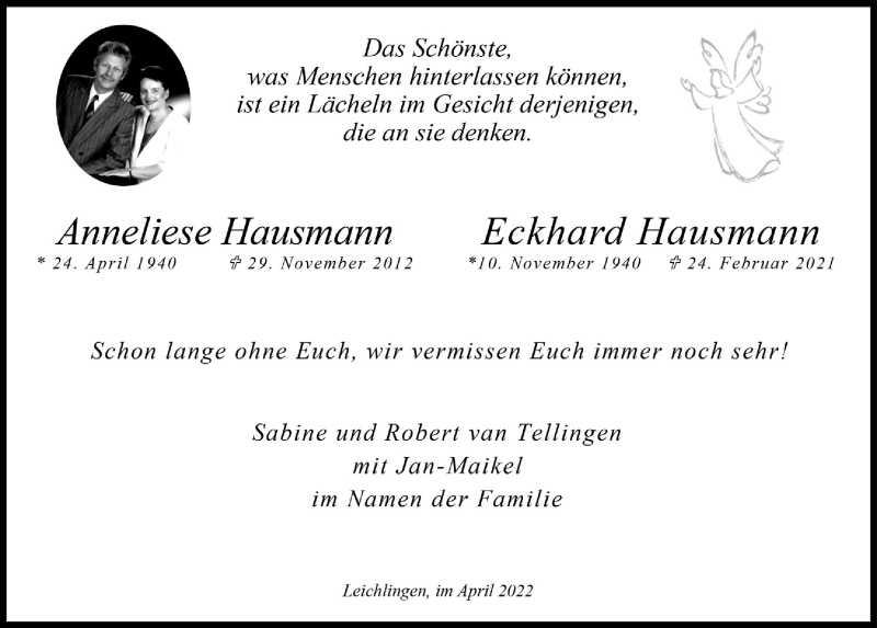  Traueranzeige für Eckhard Hausmann vom 22.04.2022 aus  Lokale Informationen 