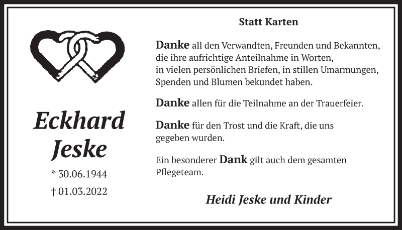  Traueranzeige für Eckhard Jeske vom 15.04.2022 aus  Wochenende 