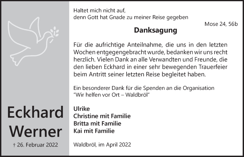  Traueranzeige für Eckhard Werner vom 08.04.2022 aus  Lokalanzeiger 