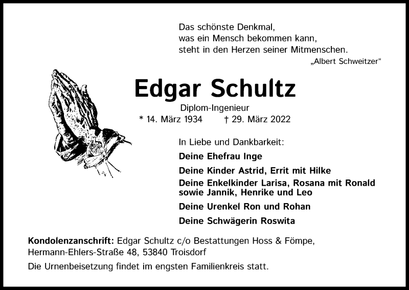  Traueranzeige für Edgar Schultz vom 06.04.2022 aus Kölner Stadt-Anzeiger / Kölnische Rundschau / Express