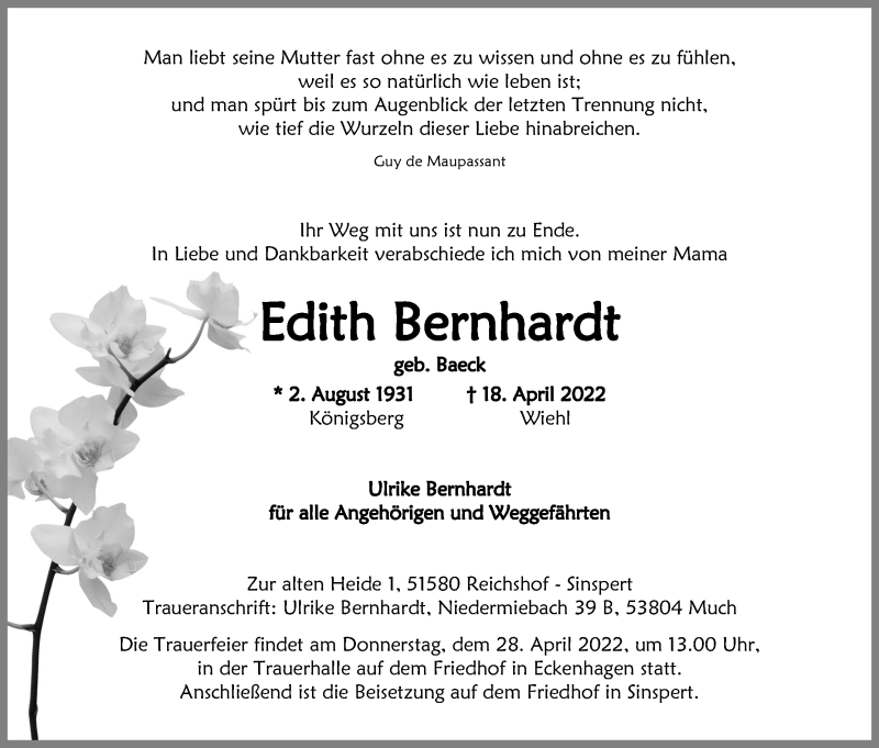  Traueranzeige für Edith Bernhardt vom 23.04.2022 aus Kölner Stadt-Anzeiger / Kölnische Rundschau / Express