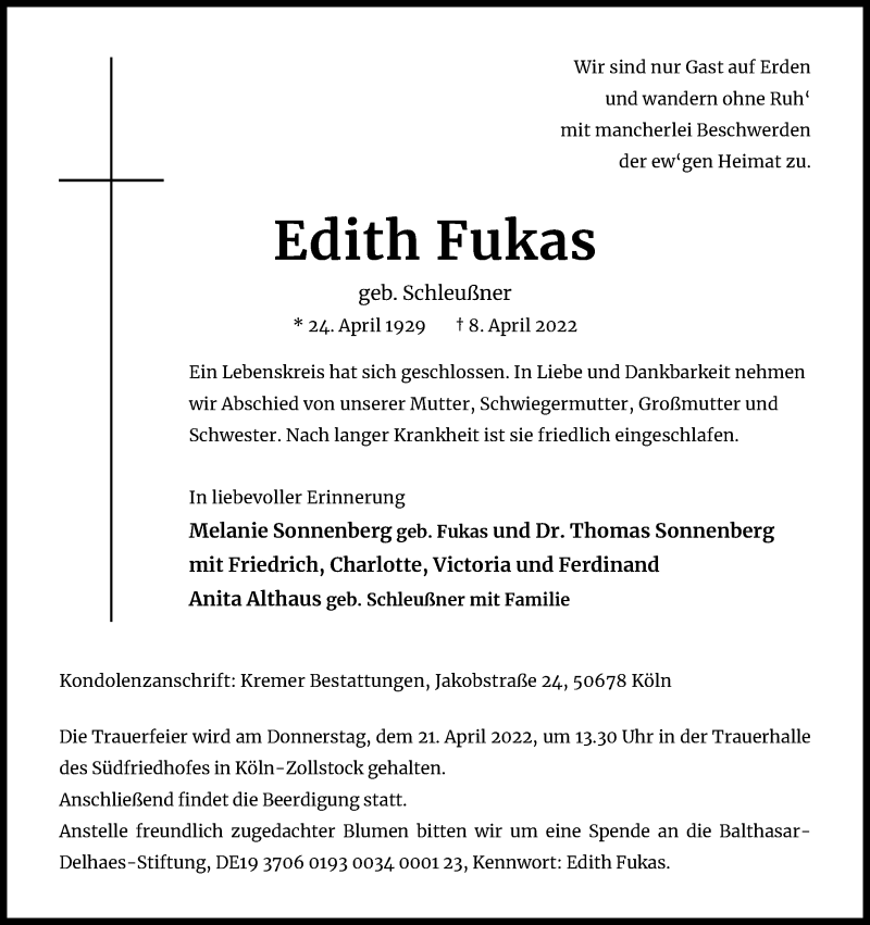  Traueranzeige für Edith Fukas vom 16.04.2022 aus Kölner Stadt-Anzeiger / Kölnische Rundschau / Express