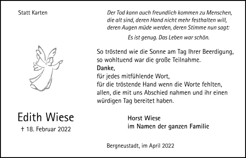  Traueranzeige für Edith Wiese vom 29.04.2022 aus  Anzeigen Echo 