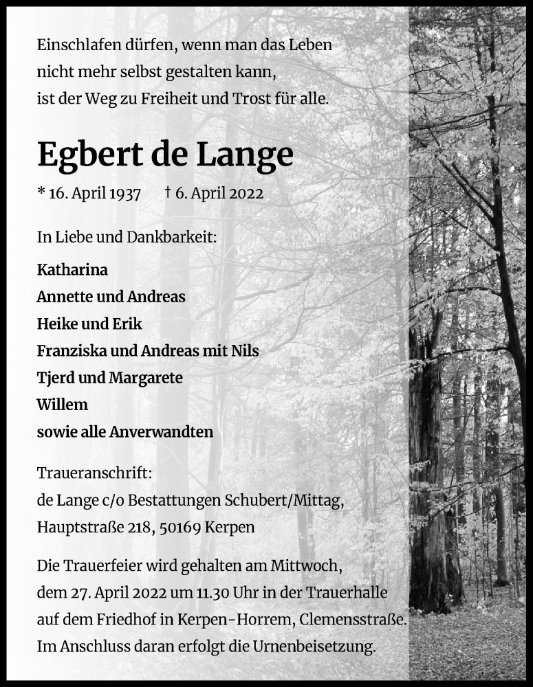  Traueranzeige für Egbert de Lange vom 23.04.2022 aus Kölner Stadt-Anzeiger / Kölnische Rundschau / Express