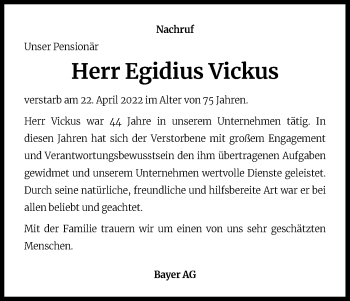 Anzeige von Egidius Vickus von Kölner Stadt-Anzeiger / Kölnische Rundschau / Express