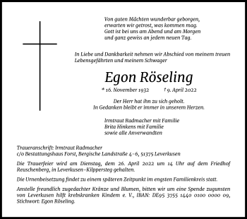 Anzeige von Egon Röseling von Kölner Stadt-Anzeiger / Kölnische Rundschau / Express
