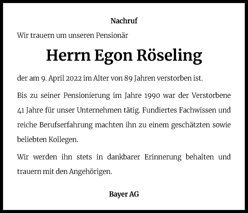  Traueranzeige für Egon Röseling vom 23.04.2022 aus Kölner Stadt-Anzeiger / Kölnische Rundschau / Express