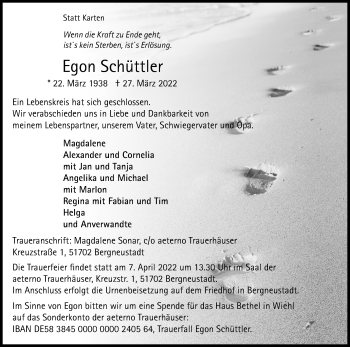 Anzeige von Egon Schüttler von Kölner Stadt-Anzeiger / Kölnische Rundschau / Express