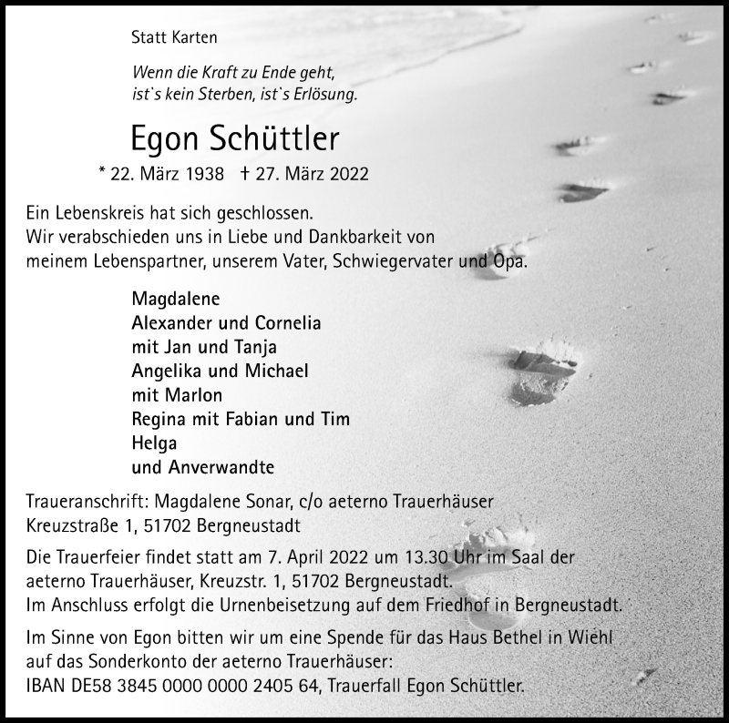  Traueranzeige für Egon Schüttler vom 02.04.2022 aus Kölner Stadt-Anzeiger / Kölnische Rundschau / Express