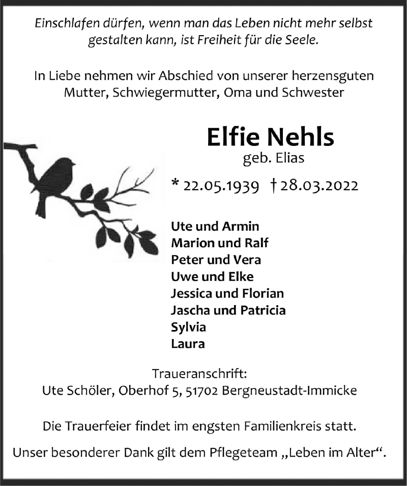  Traueranzeige für Elfie Nehls vom 14.04.2022 aus  Anzeigen Echo 