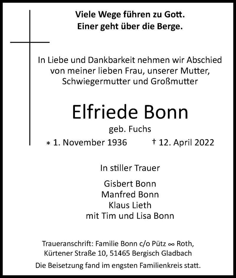  Traueranzeige für Elfriede Bonn vom 30.04.2022 aus Kölner Stadt-Anzeiger / Kölnische Rundschau / Express