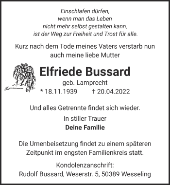 Anzeige von Elfriede Bussard von  Schlossbote/Werbekurier 
