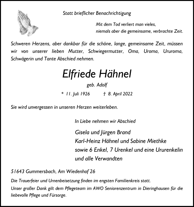  Traueranzeige für Elfriede Hähnel vom 16.04.2022 aus Kölner Stadt-Anzeiger / Kölnische Rundschau / Express
