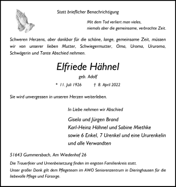 Anzeige von Elfriede Hähnel von Kölner Stadt-Anzeiger / Kölnische Rundschau / Express