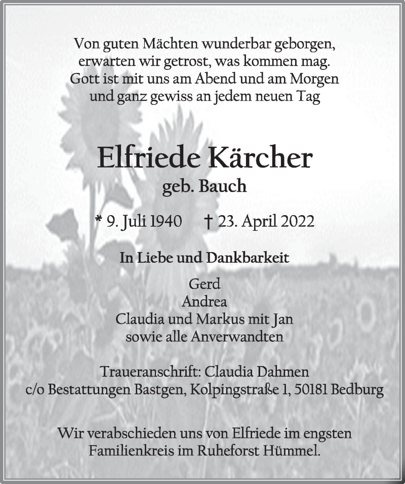  Traueranzeige für Elfriede Kärcher vom 29.04.2022 aus  Werbepost 