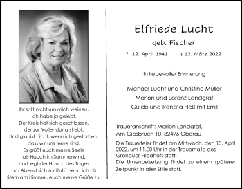 Anzeige von Elfriede Lucht von Kölner Stadt-Anzeiger / Kölnische Rundschau / Express