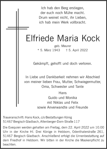 Anzeige von Elfriede Maria Kock von Kölner Stadt-Anzeiger / Kölnische Rundschau / Express