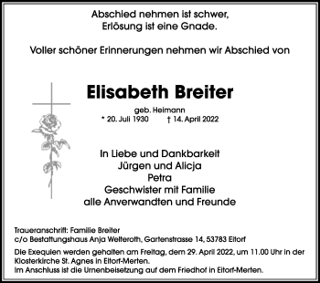 Anzeige von Elisabeth Breiter von Kölner Stadt-Anzeiger / Kölnische Rundschau / Express