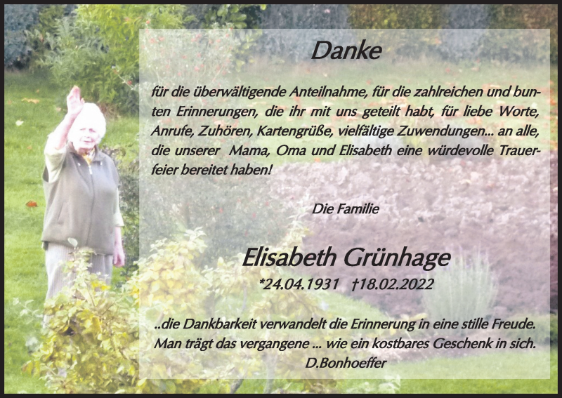  Traueranzeige für Elisabeth Grünhage vom 02.04.2022 aus Kölner Stadt-Anzeiger / Kölnische Rundschau / Express
