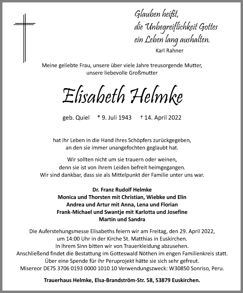  Traueranzeige für Elisabeth Helmke vom 23.04.2022 aus Kölner Stadt-Anzeiger / Kölnische Rundschau / Express