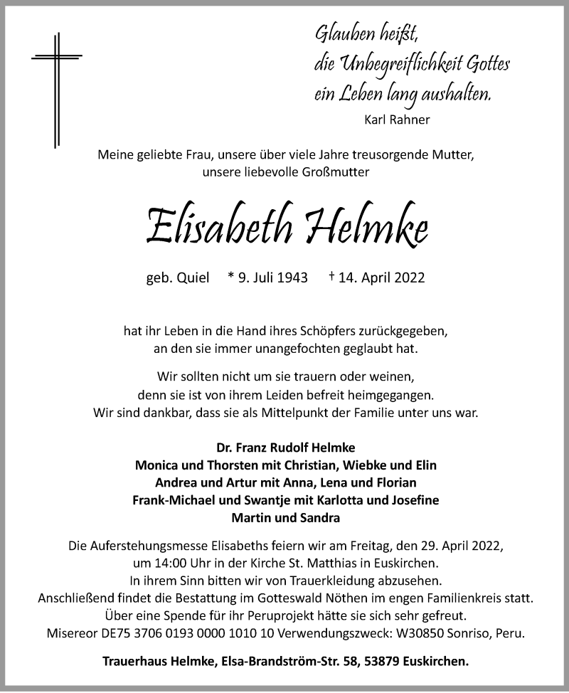  Traueranzeige für Elisabeth Helmke vom 23.04.2022 aus  Blickpunkt Euskirchen 