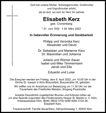 Anzeige von Elisabeth Kerz von Kölner Stadt-Anzeiger / Kölnische Rundschau / Express