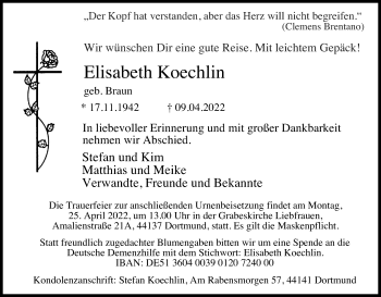 Anzeige von Elisabeth Koechlin von Kölner Stadt-Anzeiger / Kölnische Rundschau / Express
