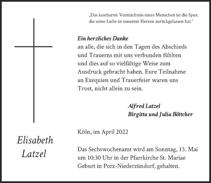  Traueranzeige für Elisabeth Latzel vom 29.04.2022 aus  EXPRESS - Die Woche 