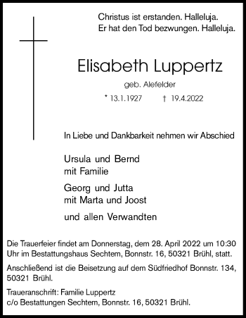 Anzeige von Elisabeth Luppertz von Kölner Stadt-Anzeiger / Kölnische Rundschau / Express