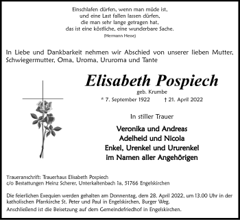 Anzeige von Elisabeth Pospiech von Kölner Stadt-Anzeiger / Kölnische Rundschau / Express