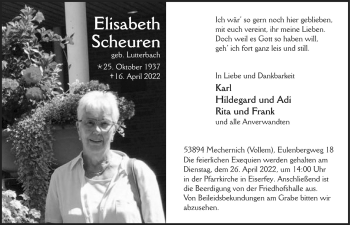 Anzeige von Elisabeth Scheuren von  Blickpunkt Euskirchen 