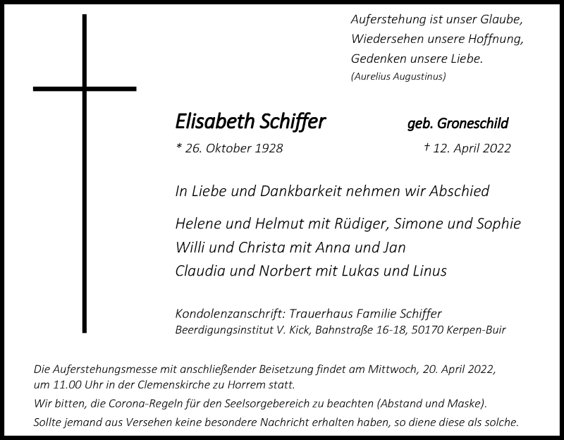  Traueranzeige für Elisabeth Schiffer vom 16.04.2022 aus Kölner Stadt-Anzeiger / Kölnische Rundschau / Express