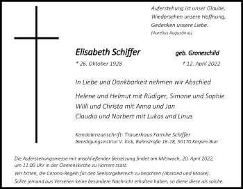 Anzeige von Elisabeth Schiffer von Kölner Stadt-Anzeiger / Kölnische Rundschau / Express