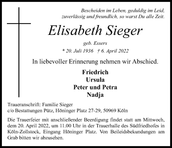 Anzeige von Elisabeth Sieger von Kölner Stadt-Anzeiger / Kölnische Rundschau / Express