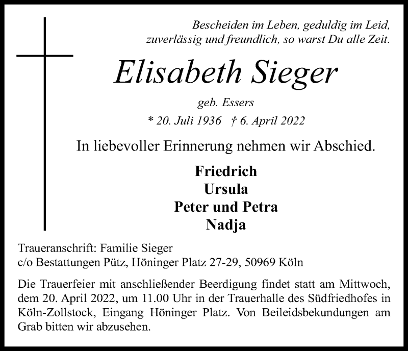  Traueranzeige für Elisabeth Sieger vom 09.04.2022 aus Kölner Stadt-Anzeiger / Kölnische Rundschau / Express