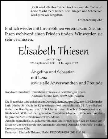 Anzeige von Elisabeth Thiesen von Kölner Stadt-Anzeiger / Kölnische Rundschau / Express