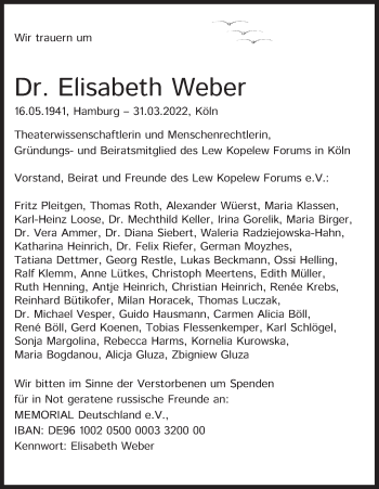 Anzeige von Elisabeth Weber von Kölner Stadt-Anzeiger / Kölnische Rundschau / Express