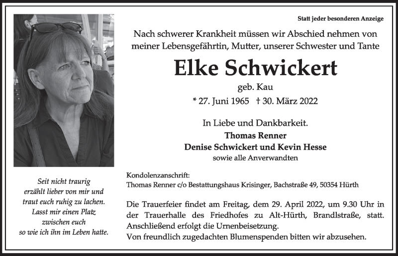  Traueranzeige für Elke Schwickert vom 15.04.2022 aus  Wochenende 