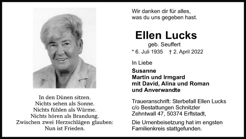  Traueranzeige für Ellen Lucks vom 23.04.2022 aus Kölner Stadt-Anzeiger / Kölnische Rundschau / Express