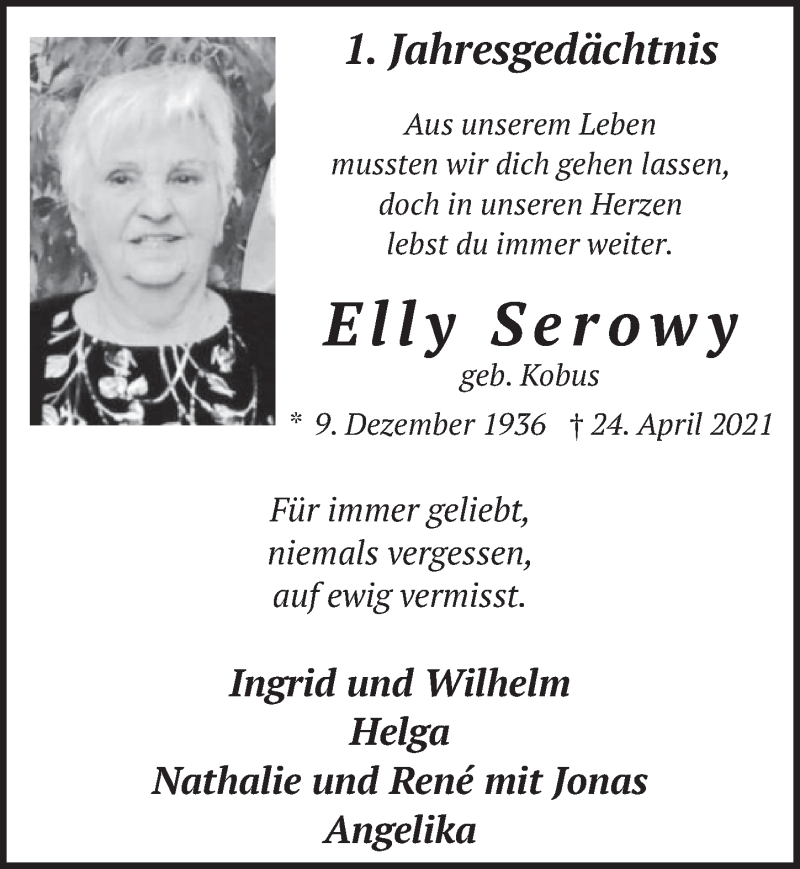  Traueranzeige für Elly Serowy vom 22.04.2022 aus  Werbepost 