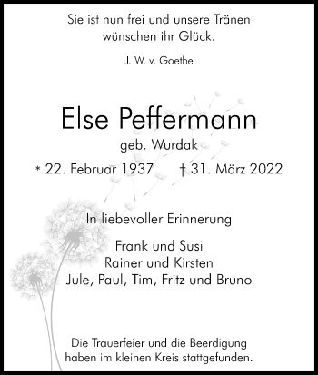 Anzeige von Else Peffermann von Kölner Stadt-Anzeiger / Kölnische Rundschau / Express