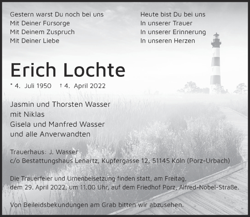  Traueranzeige für Erich Lochte vom 22.04.2022 aus  EXPRESS - Die Woche 