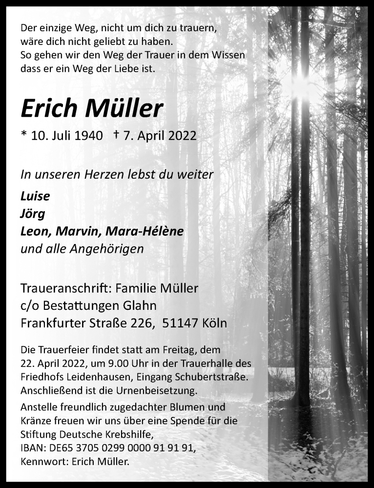 Traueranzeige für Erich Müller vom 14.04.2022 aus  EXPRESS - Die Woche 