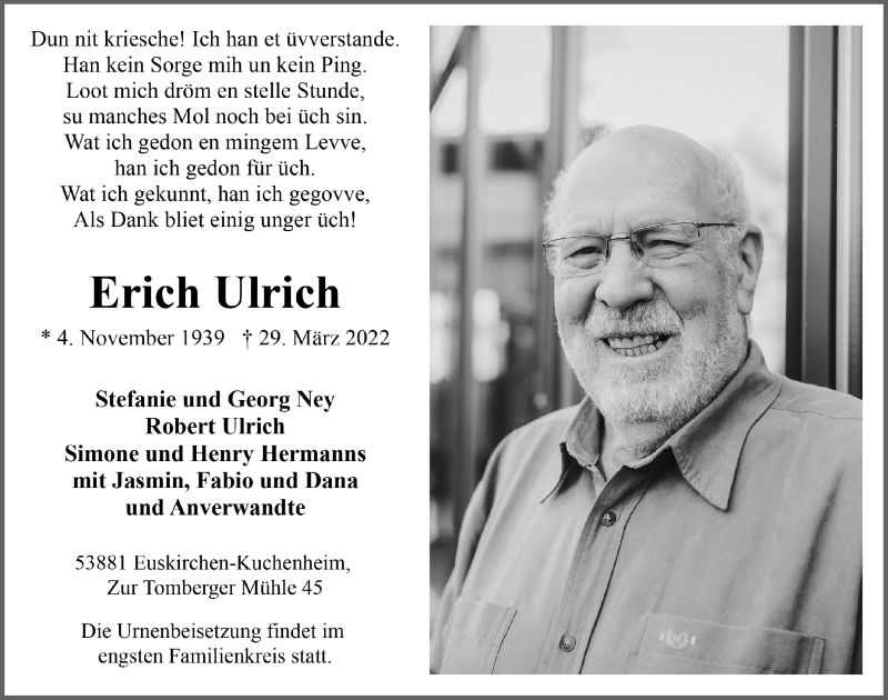  Traueranzeige für Erich Ulrich vom 09.04.2022 aus  Blickpunkt Euskirchen 