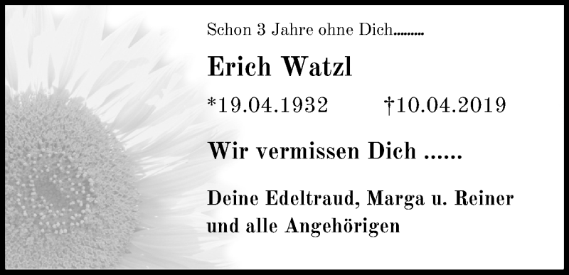  Traueranzeige für Erich Watzl vom 09.04.2022 aus Kölner Stadt-Anzeiger / Kölnische Rundschau / Express