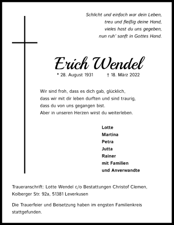 Anzeige von Erich Wendel von Kölner Stadt-Anzeiger / Kölnische Rundschau / Express